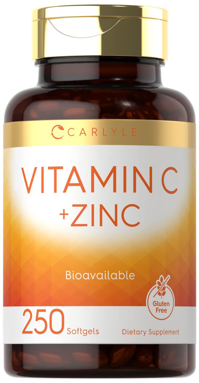Carlyle Vitamin C with Zinc 250 Softgels Bioavailable Ascorbic Acid Zinc Oxide Non-GMO and Gluten Free Supplement
