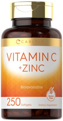Carlyle Vitamin C with Zinc 250 Softgels Bioavailable Ascorbic Acid Zinc Oxide Non-GMO and Gluten Free Supplement