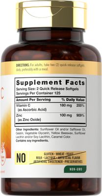Carlyle Vitamin C with Zinc 250 Softgels Bioavailable Ascorbic Acid Zinc Oxide Non-GMO and Gluten Free Supplement