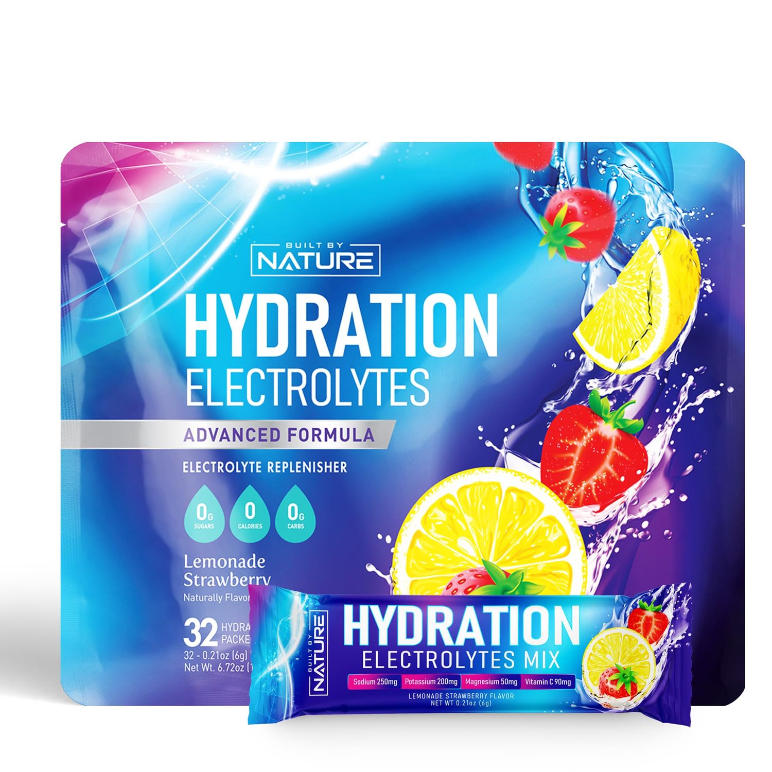 Electrolytes Powder Hydration Packets - Recovery Drink Mix with Sodium, Potassium, Magnesium, Calcium, Vitamin C Zinc - Sugar Free, Keto, Non GMO Vegan - Strawberry Lemonade - 32 Sticks