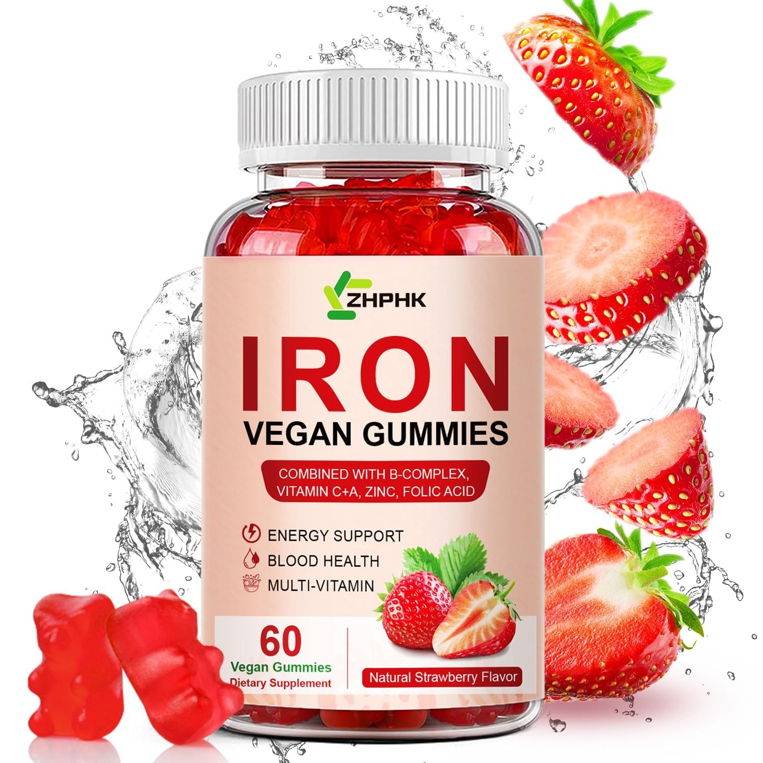 ZHPHK Iron Supplement Gummies, 65mg Iron and 250mg Vitamin C for Women Men Kids, Natural Vegan Iron Gummy with Vitamin A, B-Complex, Biotin, Zinc Folate Energy Support Immune Health, 60 Gummies