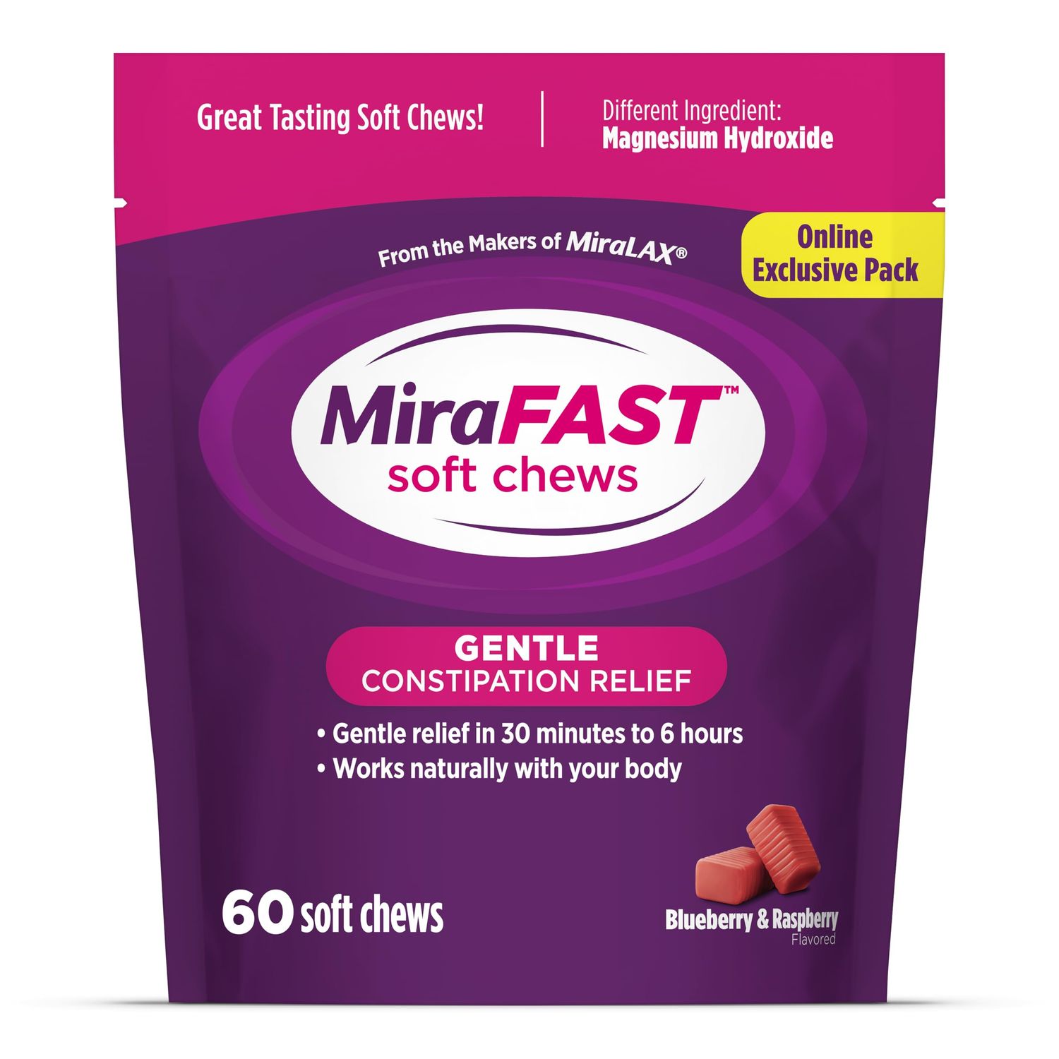 MiraFAST Soft Chews, from The Makers of MiraLAX, Gentle Constipation Relief in 30min-6hrs, Fast Acting Laxative, Stimulant Free Saline Laxative, Magnesium Hydroxide, Mixed Berry Flavor, 60ct