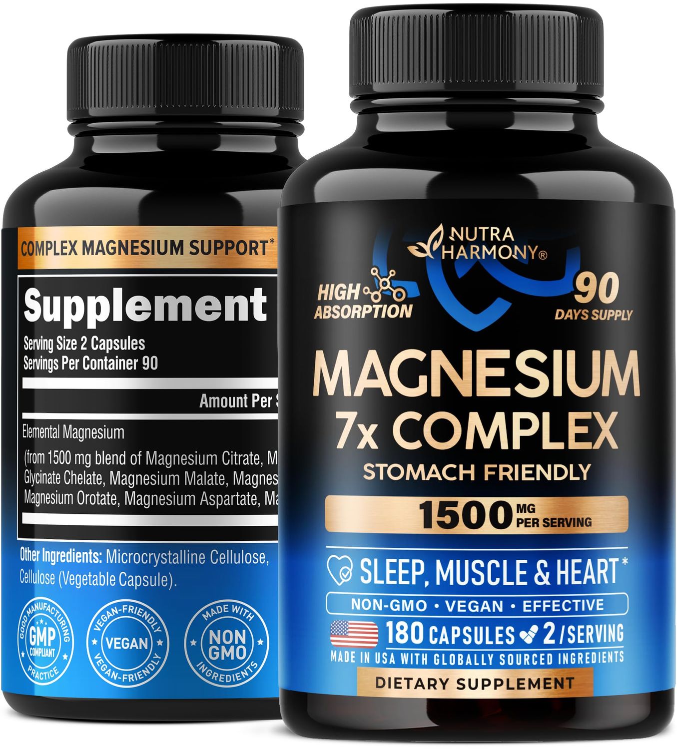 Magnesium Complex 7X 1500 mg - Glycinate Citrate Taurate Malate Chloride Aspartate Orotate - Sleep, Muscle Heart Support - Bioavailable Magnesium Supplement - Made in USA - 180 Capsules