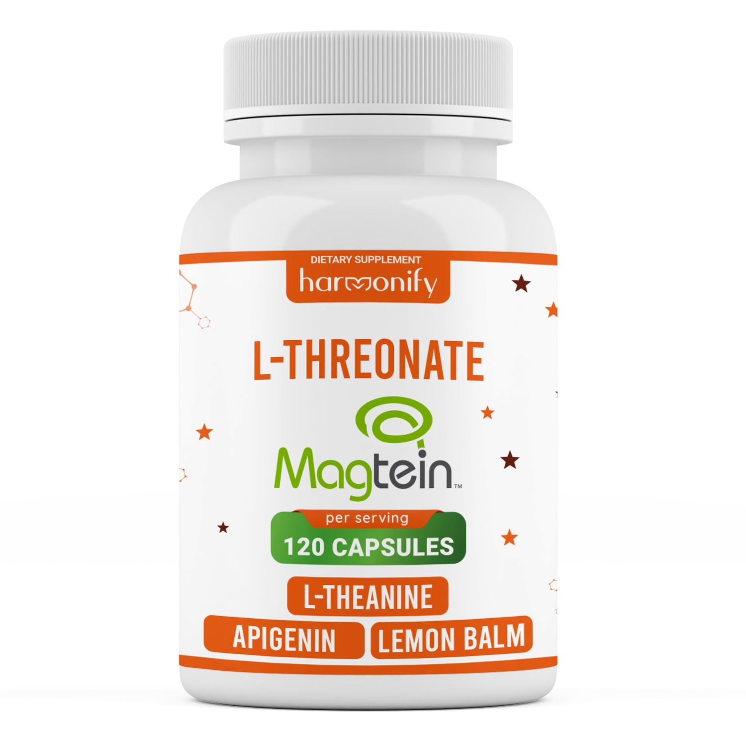 HARMONIFY Magtein Magnesium L Threonate Supplement with L Theanine, Lemon Balm and Apigenin, High Absorption 120 Purified Veggie Capsules, 1400 mg, Gluten Free, Non-GMO, Vegetarian