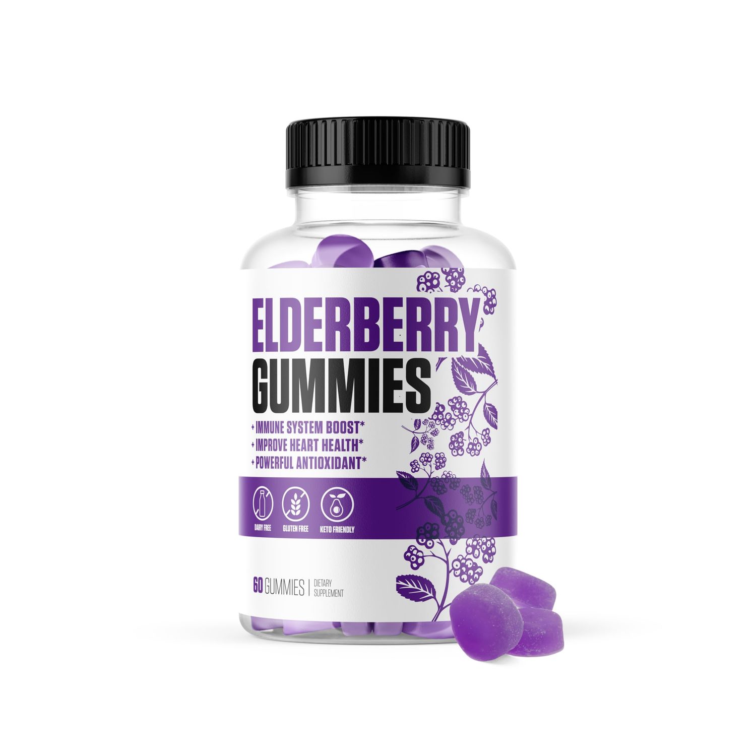Elderberry Gummies 1 New Elderberry Gummy Supplement wVitamin C Zinc to Improve Immune Health, Heart Health with Powerful Antioxidants Dairy Gluten Free for Men Women - 60 Gummies