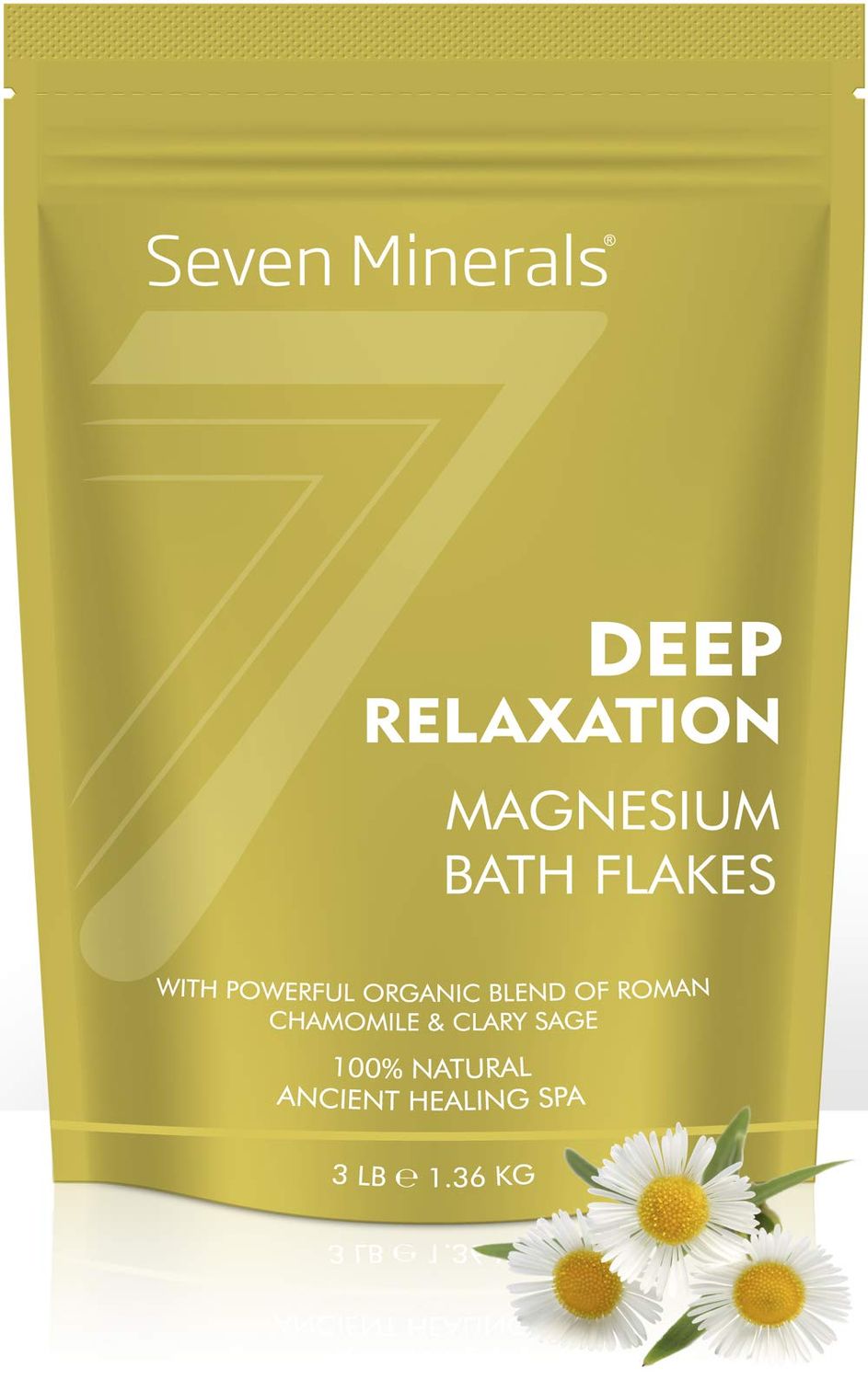 Seven Minerals Deep Relaxation Magnesium Chloride Flakes 3lb - Absorbs Better Than Epsom Salt - Unique Full Bath Soak Formula for Stress and Relaxing with Roman Chamomile Clary Sage