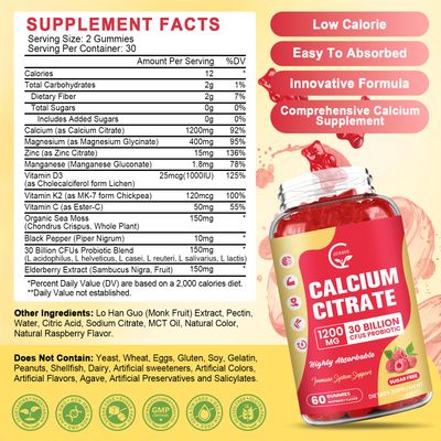 Sugar Free Calcium Citrate Gummies 1200 mg with vitamin d3, K2, Magnesium, Zinc for Bone, Muscle Immune Support, High Absorption Calcium Supplement for Women Men, Raspberry Flavor, 60 Chews
