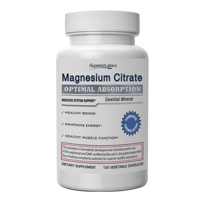 Superior Labs Magnesium Citrate - 100 NonGMO Safe from Additives, Stearates, Gluten and Other Allergens - Powerful Dose for Sleep, Cramps, Twitches - 1,250mg Citrate, 120 Vegetable Caps