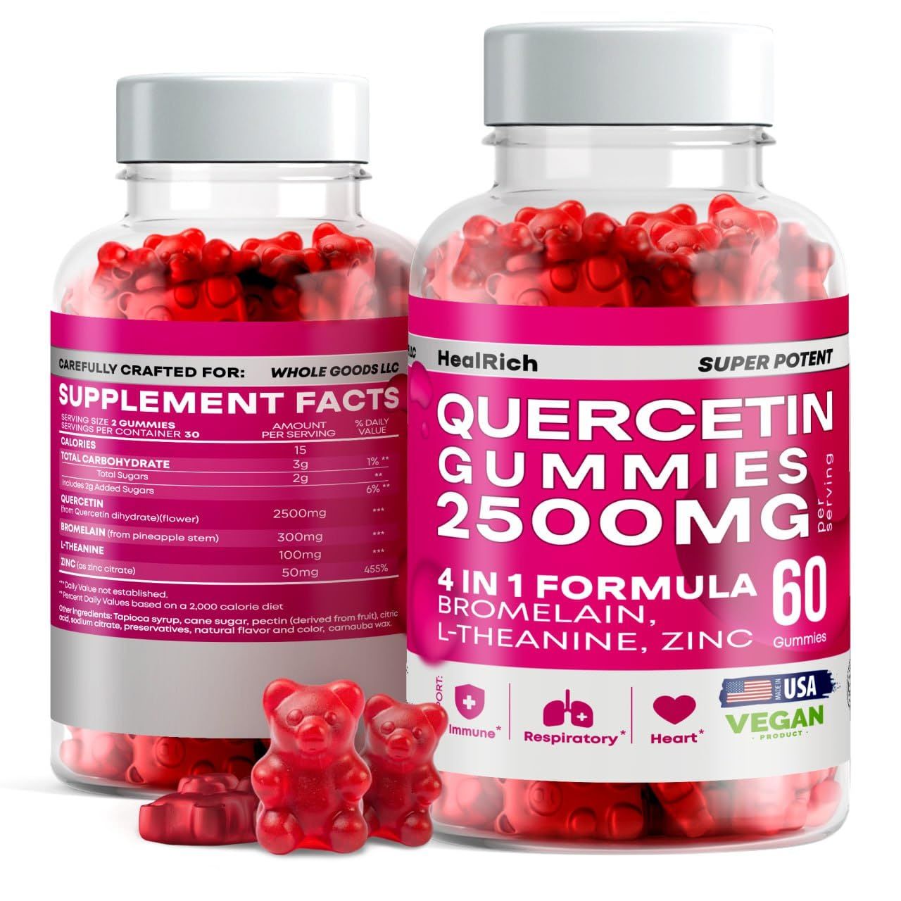 Quercetin Gummies - 2500MG Quercetin with Bromelain L-theanine Zinc - Pure Supplement for Immune System Lung and Allergy Support - Immunity Booster Vegan Supplements for Kids Adults - 2 Pack