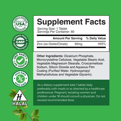 Zinc 50mg Immune Support Supplement - Zinc Complex Supplement for Immune System and to Enhance Hair Skin and Nails Vitamins - Easy to Swallow Potent Daily Tablets for Adults
