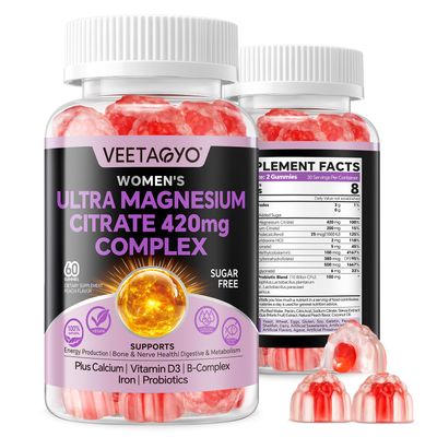 Magnesium Citrate Gummies 420mg for Adult - Dual Layer - w 10 Billion CFU - 5 Strains Probiotics Calcium,D3,Biotin,Iron,B6,B12,Folate,Supports for Bone,Nerve,Relaxation,Muscle - Vegan 60 Cts