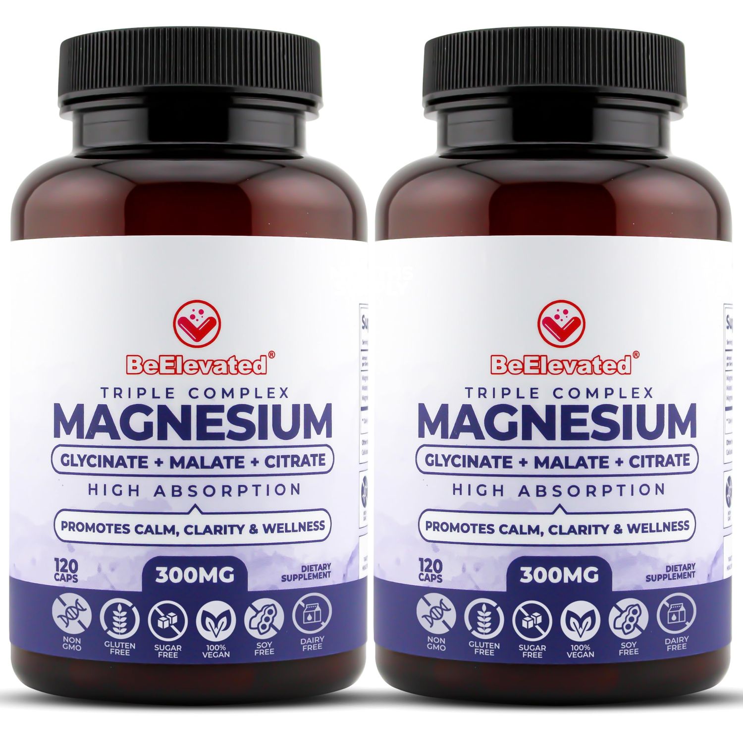 BeElevated Triple Complex Magnesium Supplement - Fast-Acting Magnesium Complex Supplement with Glycinate, Citrate Malate for Overall Well-Being - Natural, Vegan, Non-GMO Capsules (300mg) (2-Pack)