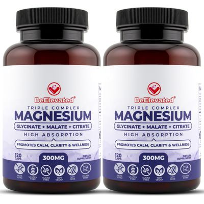 BeElevated Triple Complex Magnesium Supplement - Fast-Acting Magnesium Complex Supplement with Glycinate, Citrate Malate for Overall Well-Being - Natural, Vegan, Non-GMO Capsules (300mg) (2-Pack)
