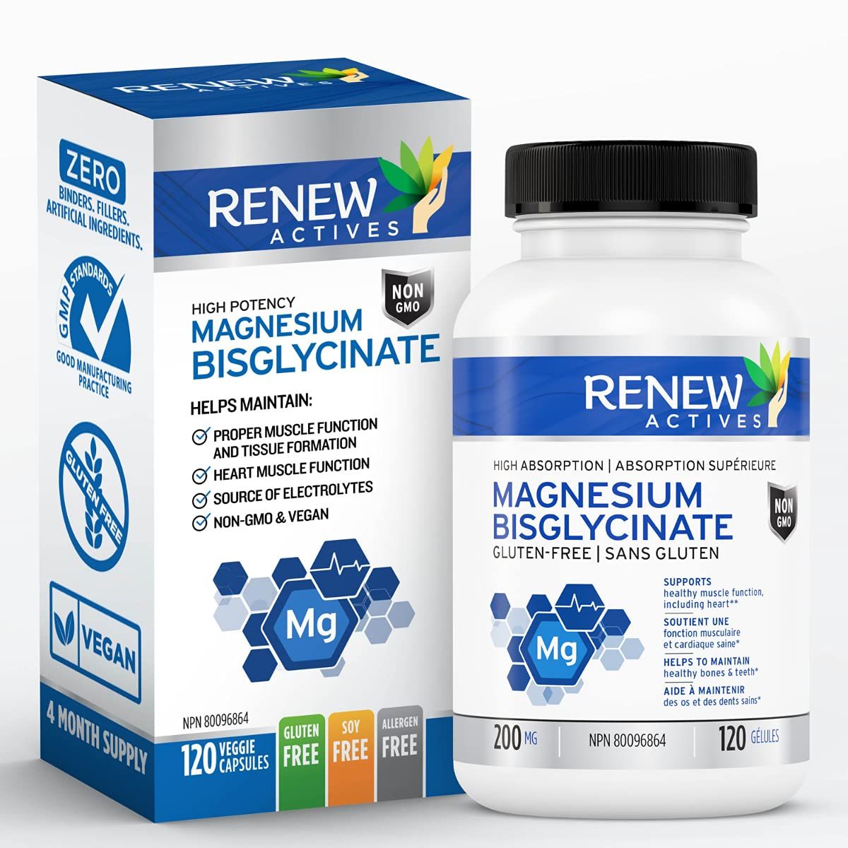 RENEW ACTIVES Magnesium Glycinate 400MG per 2 Capsules Pure Magnesium Bisglycinate for Full Body Relaxation, Sleep, Muscles, Bones Energy - Electrolyte Balance - Made in Canada -120 Capsules