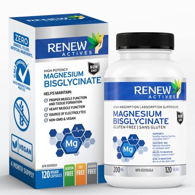 RENEW ACTIVES Magnesium Glycinate 400MG per 2 Capsules Pure Magnesium Bisglycinate for Full Body Relaxation, Sleep, Muscles, Bones Energy - Electrolyte Balance - Made in Canada -120 Capsules