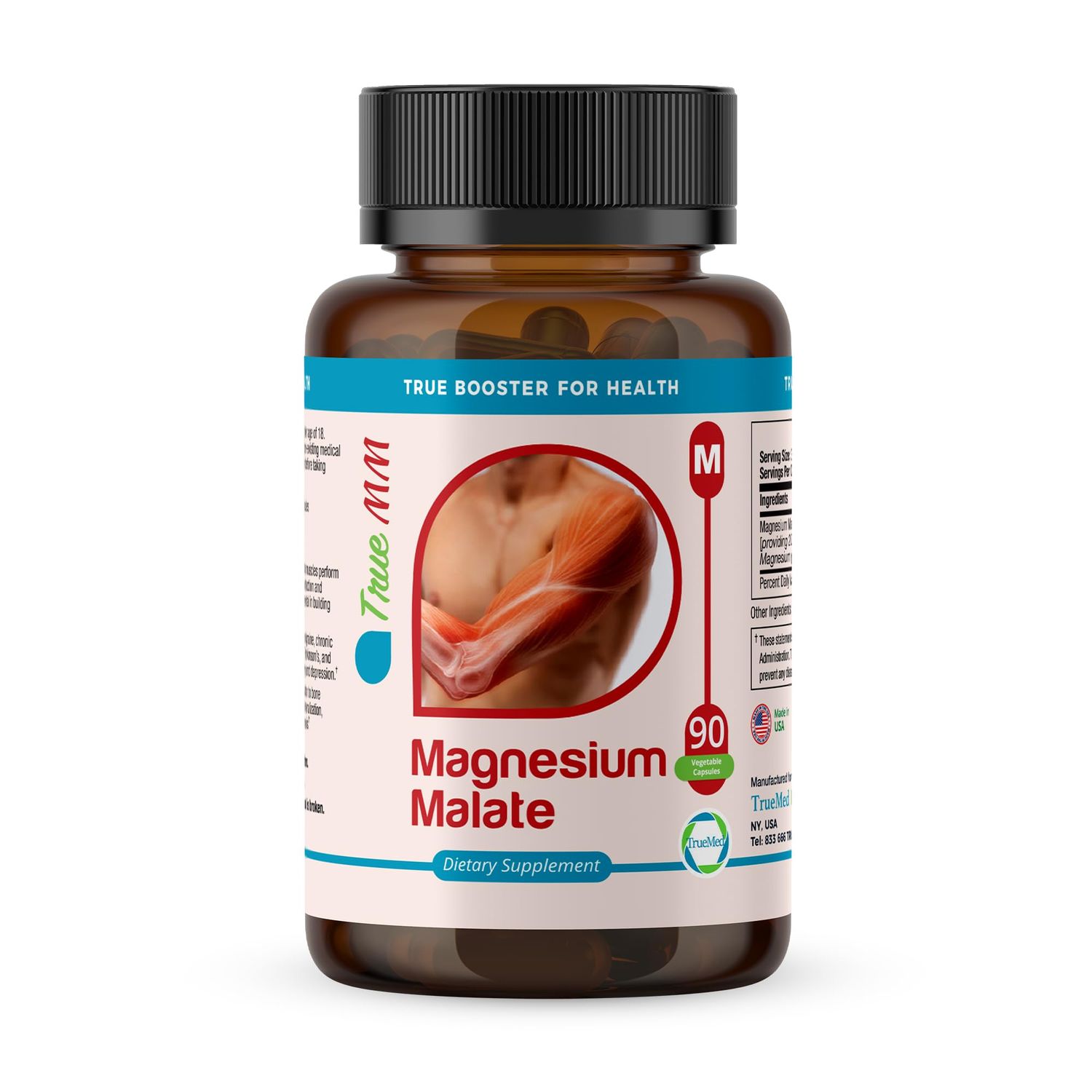 TrueMed Magnesium Malate 1350 mg, 90 Capsules 30 Days Supply with High Bioavailability for Muscle Function, Energy Production and Holistic Wellness Support Non-GMO, Vegan, Made Tested in The USA