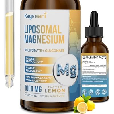 High Strength Liposomal Magnesium Drops, Easily Absorbed Chelated Forms of Magnesium Bisglycinate and Magnesium Gluconate, 60ML Lemon Flavored Liquid Drops