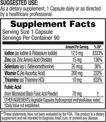 Dr. Tennant's Iodine Supplement Plus Lugol's Iodine Potassium Iodide with Essential Co-Factors Selenium, Zinc Fulvic Acid Supports Thyroid Breast Health 90 Capsules