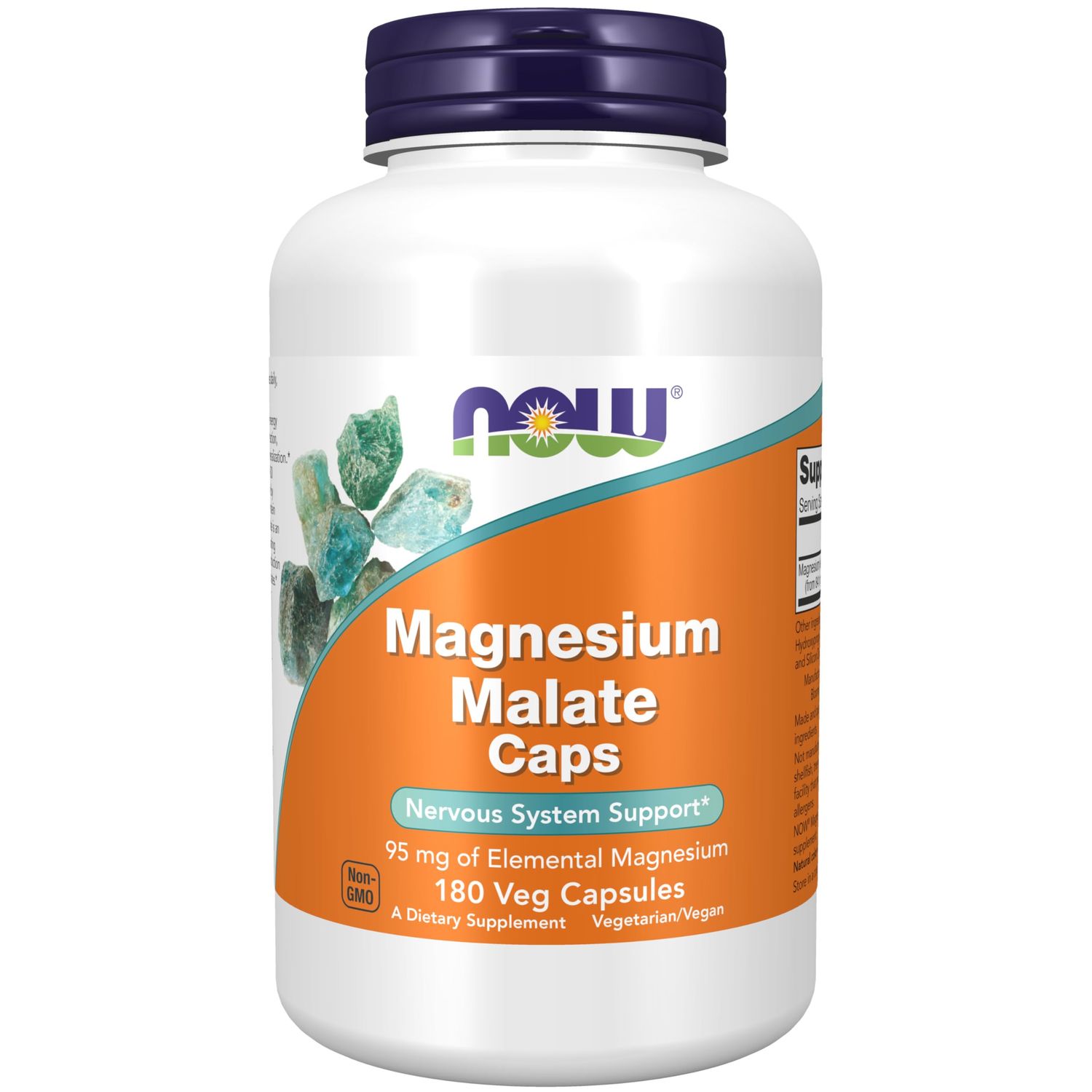 NOW Foods Supplements, Magnesium Malate Caps with 95 mg of Elemental Magnesium, Nervous System Support, 180 Veg Capsules