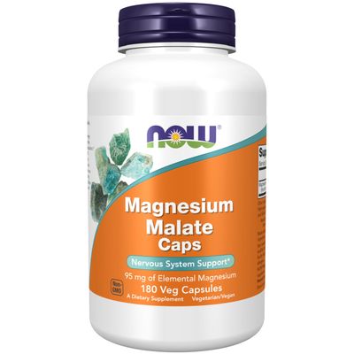 NOW Foods Supplements, Magnesium Malate Caps with 95 mg of Elemental Magnesium, Nervous System Support, 180 Veg Capsules