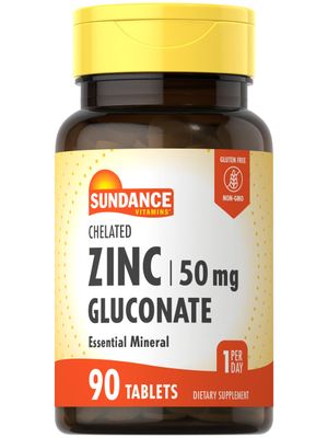 Sundance Zinc Gluconate 50mg 90 Tablets Chelated Essential Mineral Vegetarian, Non-GMO, and Gluten Free Supplement