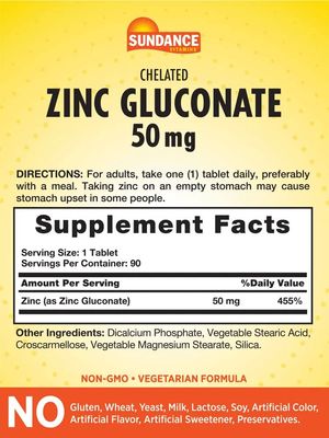 Sundance Zinc Gluconate 50mg 90 Tablets Chelated Essential Mineral Vegetarian, Non-GMO, and Gluten Free Supplement