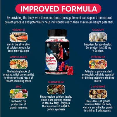 325mg Calcium Gummies Height Growth for Kids Advanced Ashwagandha, Zinc, L-Arginine, Vitamins D,C,K2, Magnesium, Bone Strength, Development Height Increase Growth Vitamins for Teens Height Ages 5-20