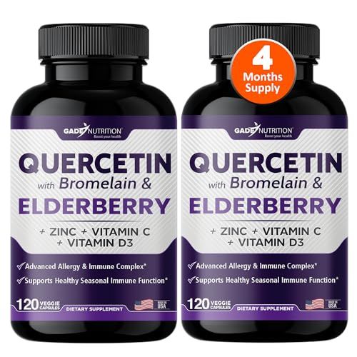 Gade Nutrition Quercetin with Bromelain Elderberry Quercetin with Vitamin C and Zinc Zinc Quercetin 500mg with Vitamin D3 Daily Immune Support Supplement - 4 Months Supply