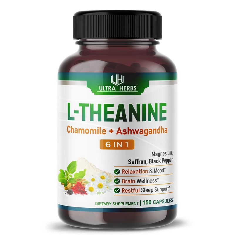 L-Theanine Supplement - 6 IN 1 Complex Enriched with Magnesium, Ashwagandha, Saffron, Chamomile - Support Relaxation, Calmness Sleep Quality 150 Capsules