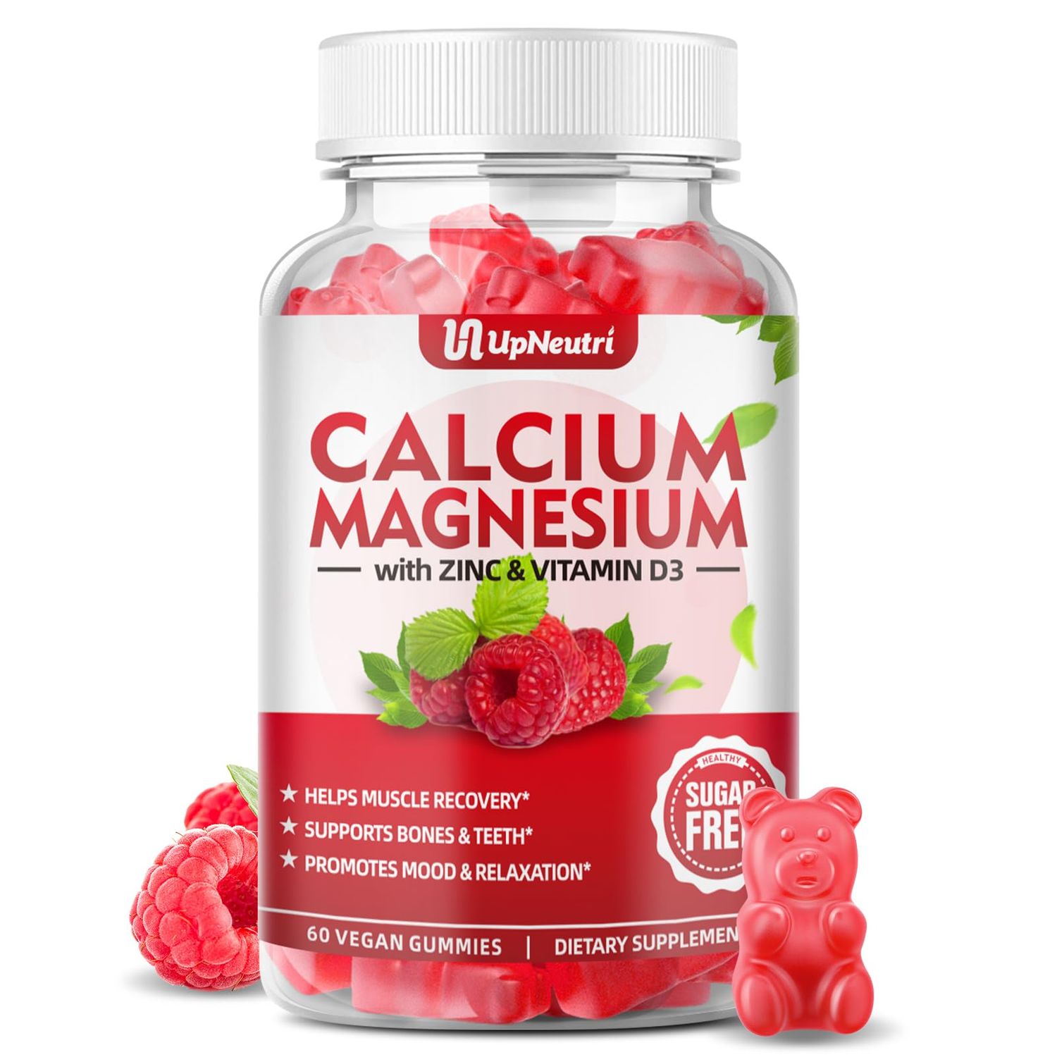 UPNEUTRI Calcium Magnesium Zinc with Vitamin D3 Supplement, Sugar Free Calcium Gummies for Women Men, High Absorption Zinc Gummies for Bone Muscle Immune Health, Vegan Raspberry Flavor - 60 Count