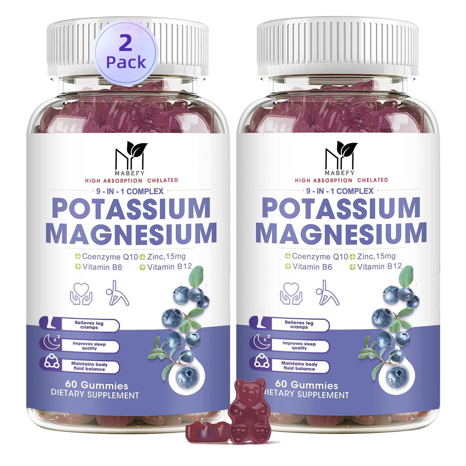 2 Pack Potassium Magnesium Gummies, Sugar-Free Potassium Gummies with Magnesium Glycinate 500mg Chewable Magnesium Potassium Supplements with Calcium, Zinc, Vitamin for Leg Cramps Muscle