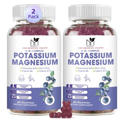 2 Pack Potassium Magnesium Gummies, Sugar-Free Potassium Gummies with Magnesium Glycinate 500mg Chewable Magnesium Potassium Supplements with Calcium, Zinc, Vitamin for Leg Cramps Muscle
