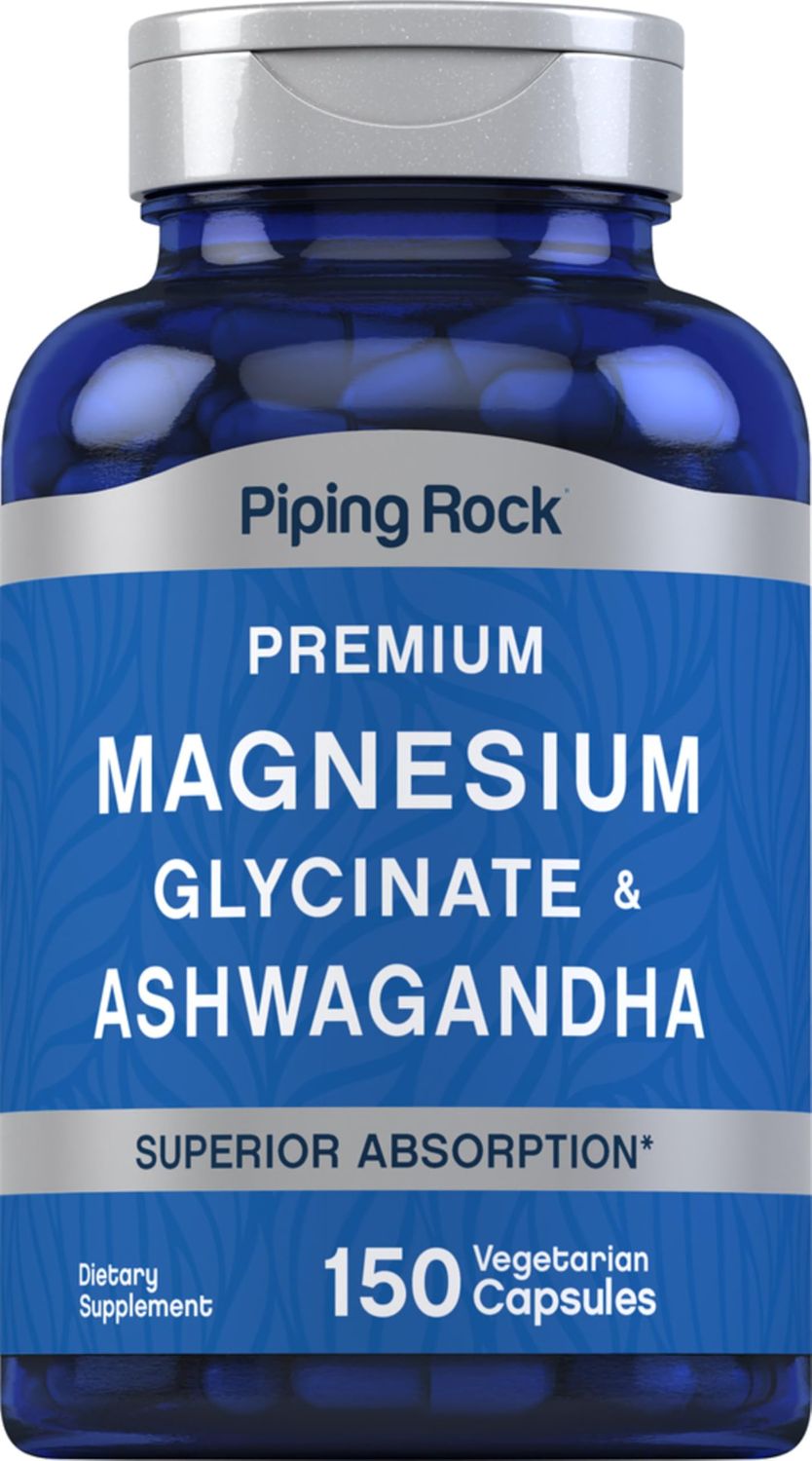Piping Rock Magnesium Glycinate and Ashwagandha 150 Capsules Premium Complex Formula Vegetarian Supplement Non-GMO, Gluten Free