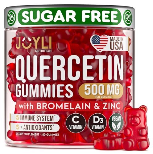 JOYLI Quercetin Gummies - Quercetin with Bromelain Zinc Vitamin C Vitamin D3 - Quercetin Supplement 500MG for Immune System Allergy - Quercetin for Kids and Adults - 60 Quercetin Chewable