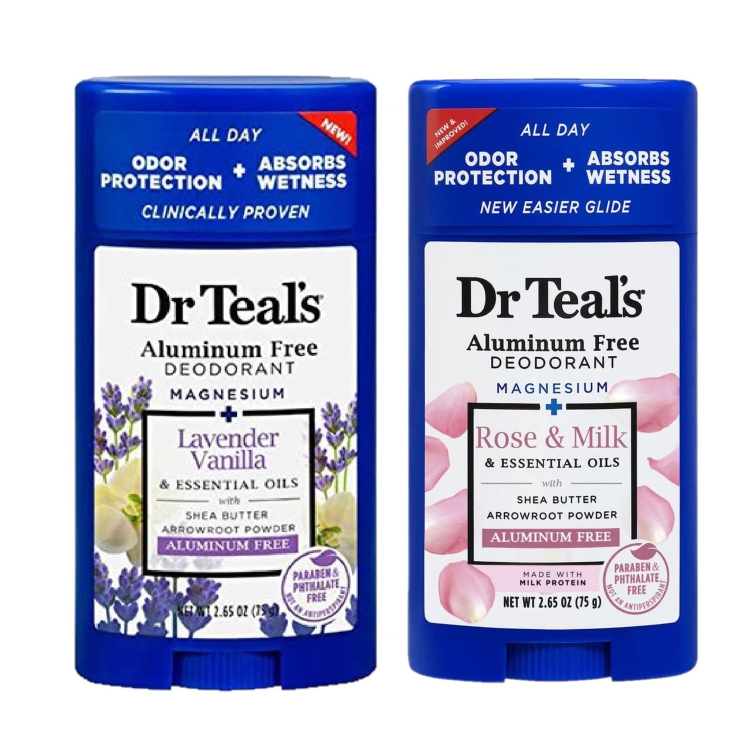 Dr. Teals Deodorant Variety Gift Set (2 Pack, 2.65oz Ea.) - Vanilla Lavender Rose Milk - Essential Oils, Shea Butter Magnesium Help Absorb Moisture Keep Skin Clean Healthy