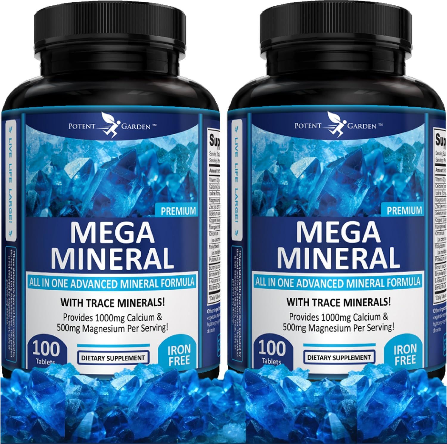Potent Garden 2-Pack Mega Mineral Supplement Complete Mineral Complex with Calcium Magnesium Zinc Potassium Boron Selenium Chromium 72 Trace Minerals Iron Free Calcium Supplement -200 Pills