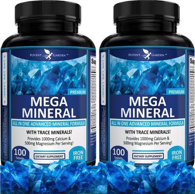 Potent Garden 2-Pack Mega Mineral Supplement Complete Mineral Complex with Calcium Magnesium Zinc Potassium Boron Selenium Chromium 72 Trace Minerals Iron Free Calcium Supplement -200 Pills