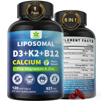 LILICARE Women&#39;s Men&#39;s 6-in-1 Plant Based Calcium Supplements - Calcium 600mg with Vitamin D3 K2 5000 IU, Liposomal Algae Magnesium Zinc, Vegan, Vitamin D 5000 IU, K2 for Bone (Pack of 1)