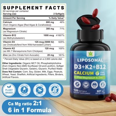 LILICARE Women's Men's 6-in-1 Plant Based Calcium Supplements - Calcium 600mg with Vitamin D3 K2 5000 IU, Liposomal Algae Magnesium Zinc, Vegan, Vitamin D 5000 IU, K2 for Bone (Pack of 1)