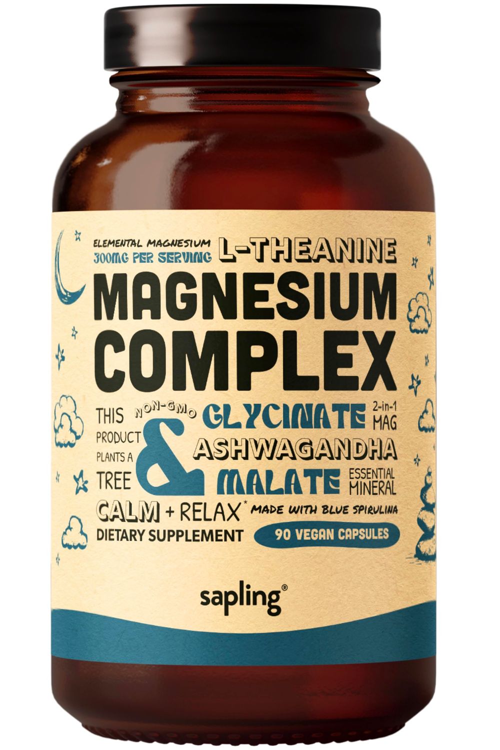 Magnesium Glycinate Complex Supplement - Chelated Magnesium Glycinate with Malate, Organic Ashwagandha, L-theanine Blue Spirulina - High Absorption, Vegan, Non-GMO, 300mg, 90 Veggie Caps