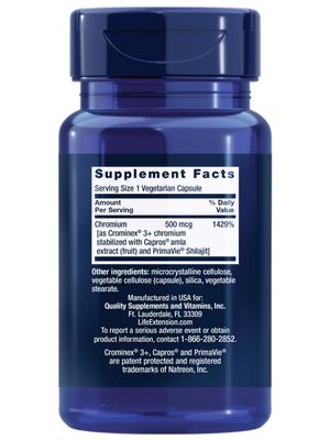 Life Extension Optimized Chromium with Crominex 3 500 mcg, Metabolism Health, Healthy Balance, Vegetarian, Gluten Free, Non-GMO, 500 mcg, 60 Vegetarian Capsules