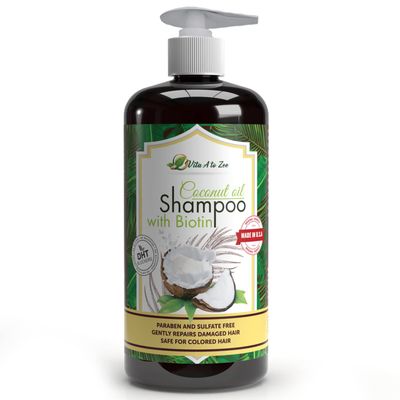 Vita A to Zee Coconut Oil Shampoo with Biotin, Aloe Vera (16.9 Fl Oz) - Hair Regrowth Shampoo for Dry, Frizzy or Coarse Hair - Moisturizing, Hydrating, Flyaway Taming Anti Frizz Hair Scalp Care
