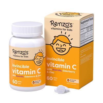 Renzo&#39;s Invincible Vitamin C for Kids with Elderberry and Zinc, Dissolvable Kids Vitamins for Immune Support, 60 Orange-Flavored Melty Tabs