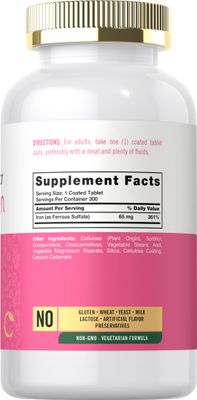 Carlyle Iron for Women 65mg 300 Coated Tablets Vegetarian, Non-GMO Gluten Free Supplement