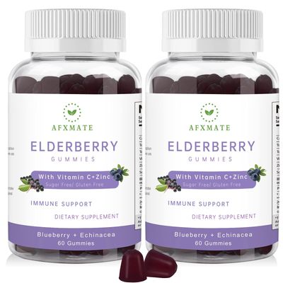 AFXMATE Sambucus Elderberry Gummies, Black Elderberry Gummy with Zinc and Vitamin C for Adults, Sugar Free Kids Multivitamin Gummies Immune Support Supplement (2 Pack)