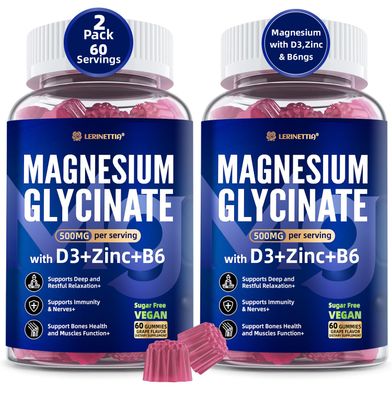 Magnesium Glycinate 500 mg for Adults - Plus D3,B6 Zinc - Magnesium Glycinate Gummies,High Absorption - Support for Relaxation,Brain,Bone Immunity Health - Sugar Free - 120Cts