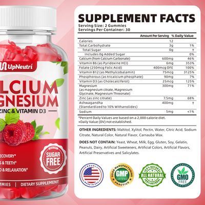 UPNEUTRI Calcium Magnesium Zinc with Vitamin D3 Supplement, Sugar Free Calcium Gummies for Women Men, High Absorption Zinc Gummies for Bone Muscle Immune Health, Vegan Raspberry Flavor - 60 Count