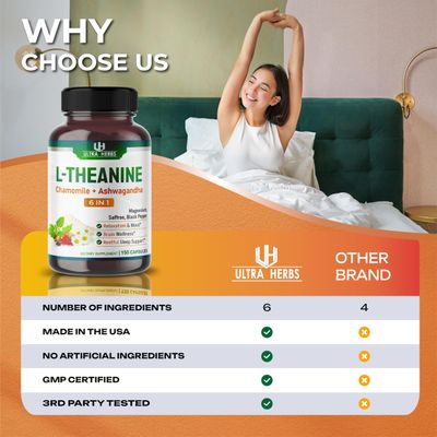 L-Theanine Supplement - 6 IN 1 Complex Enriched with Magnesium, Ashwagandha, Saffron, Chamomile - Support Relaxation, Calmness Sleep Quality 150 Capsules
