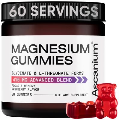 Magnesium Gummies - 410mg of Elemental Magnesium Glycinate L-Threonate Supplement Complex - Vegan Magnesium Glycinate Gummies for Calm Mood, Muscle Heart Support - Chewable Magnesium Gummy 60 pcs