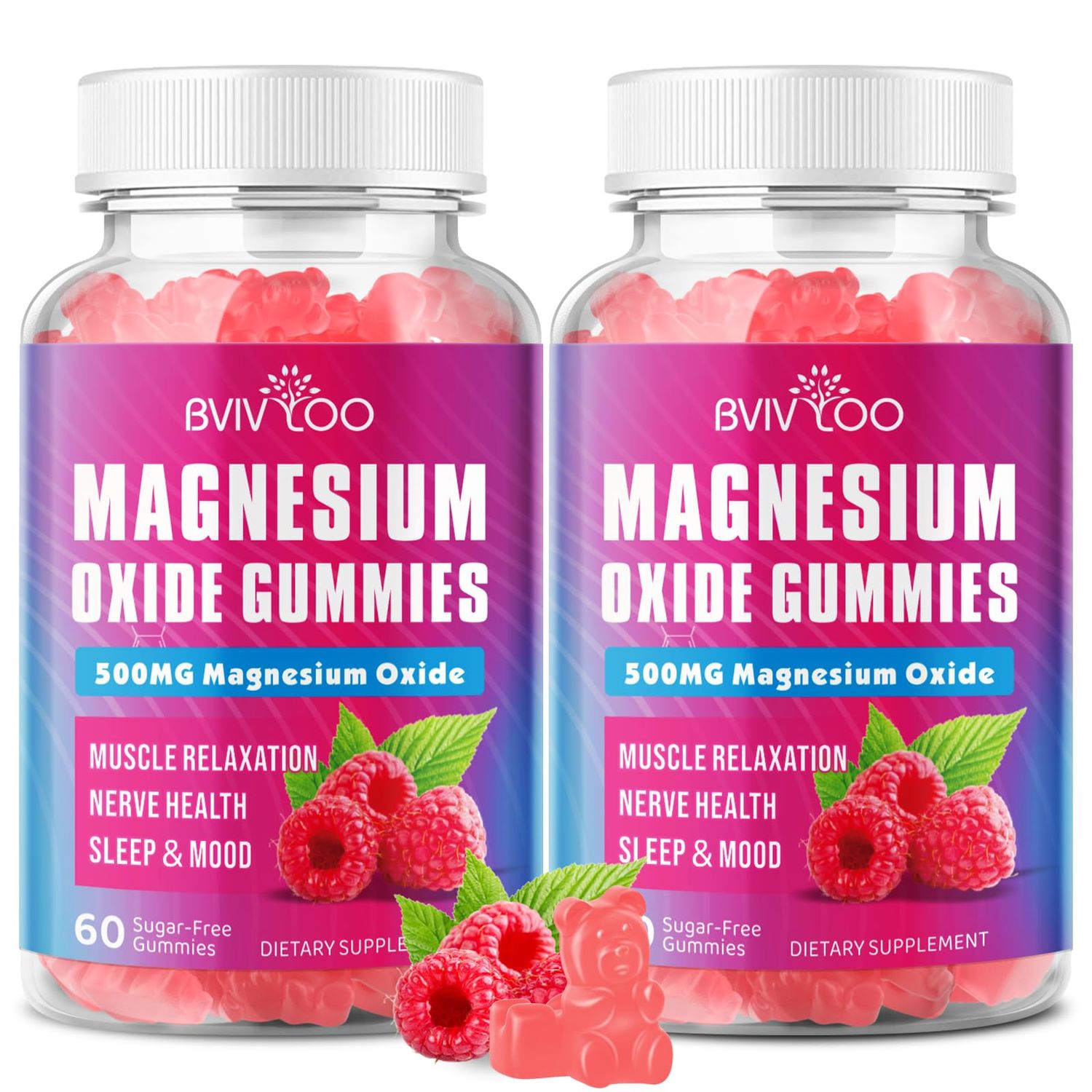 2 Pack Magnesium Oxide 400mg Gummies for Vegan Sugar-Free Raspberry Flavor, Muscle Recovery, Nerve Health Relaxation, 120 Gummies (Non-GMO, Gluten Allergen Free)